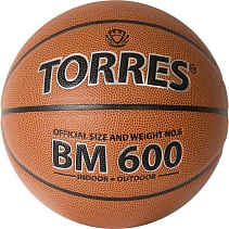 Мяч баск. трен. "TORRES BM600", р.6, синт. кожа (ПУ), нейлоновый корд, бутиловая камера, для зала и улицы, темнооранжево-черный